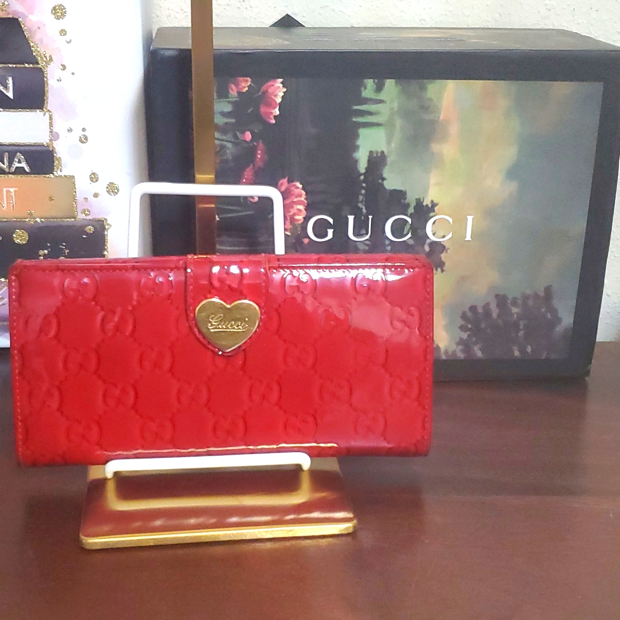 Gucci Red Gid Heart Long Patent Leather Wallet Authentic